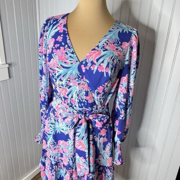 Lilly Pulitzer Sz 8 Rosie Stretch Dress Womens Navy Turquoise Pink Belted NICE - Picture 4 of 16